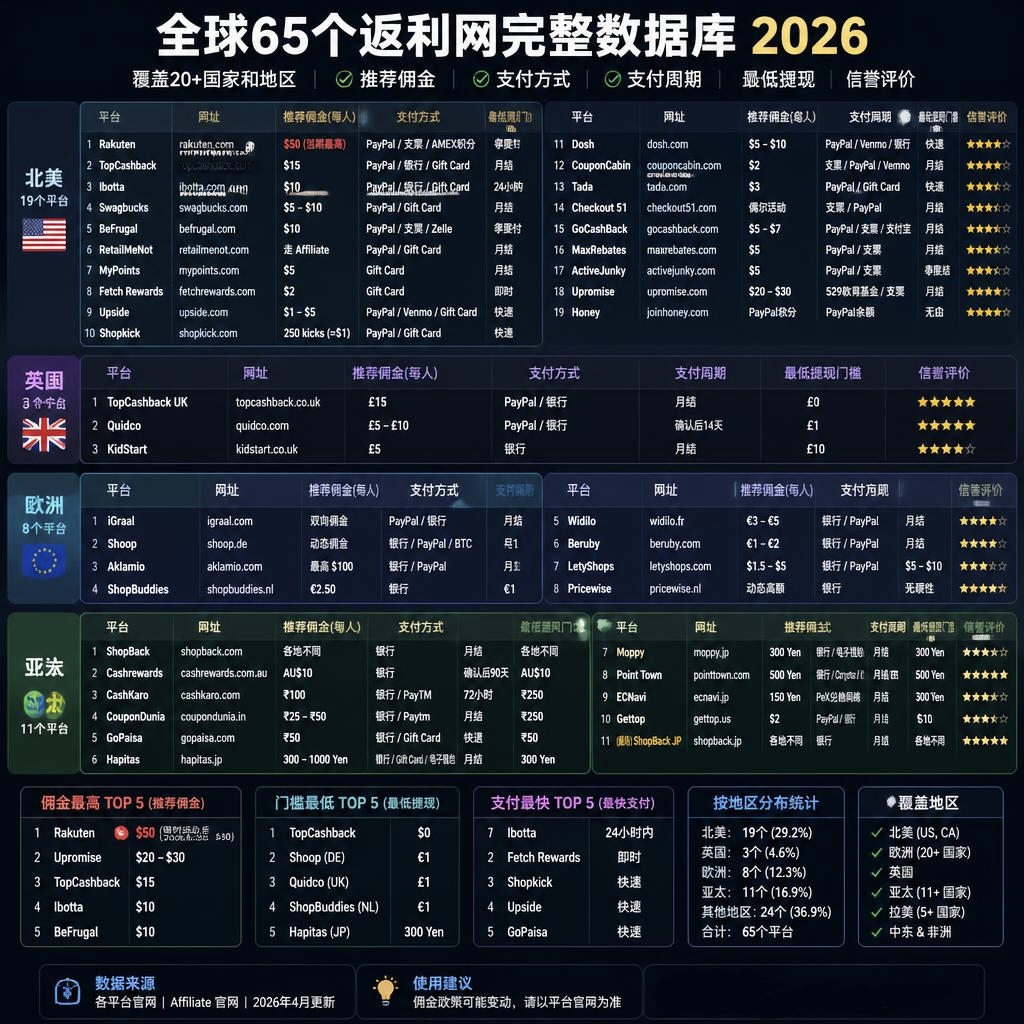 必收!2026年全球65个返利网完整数据库